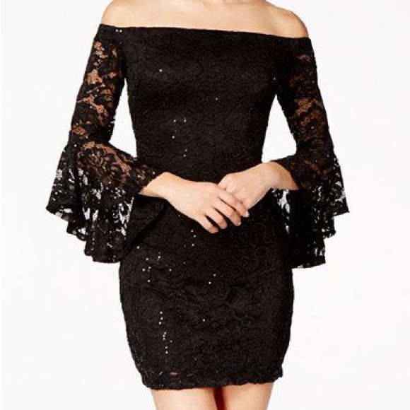 SEXY Little Black Lace Off the Shoulder Dress w/Sequins - Picture 1 of 3
